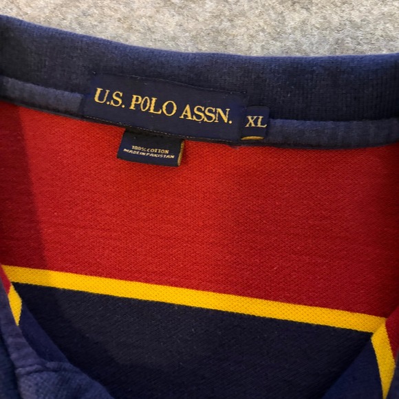 US Polo Assn Mens XL Polo Shirt Red Navy Blue Yellow Striped Short Sleeve - Picture 5 of 8